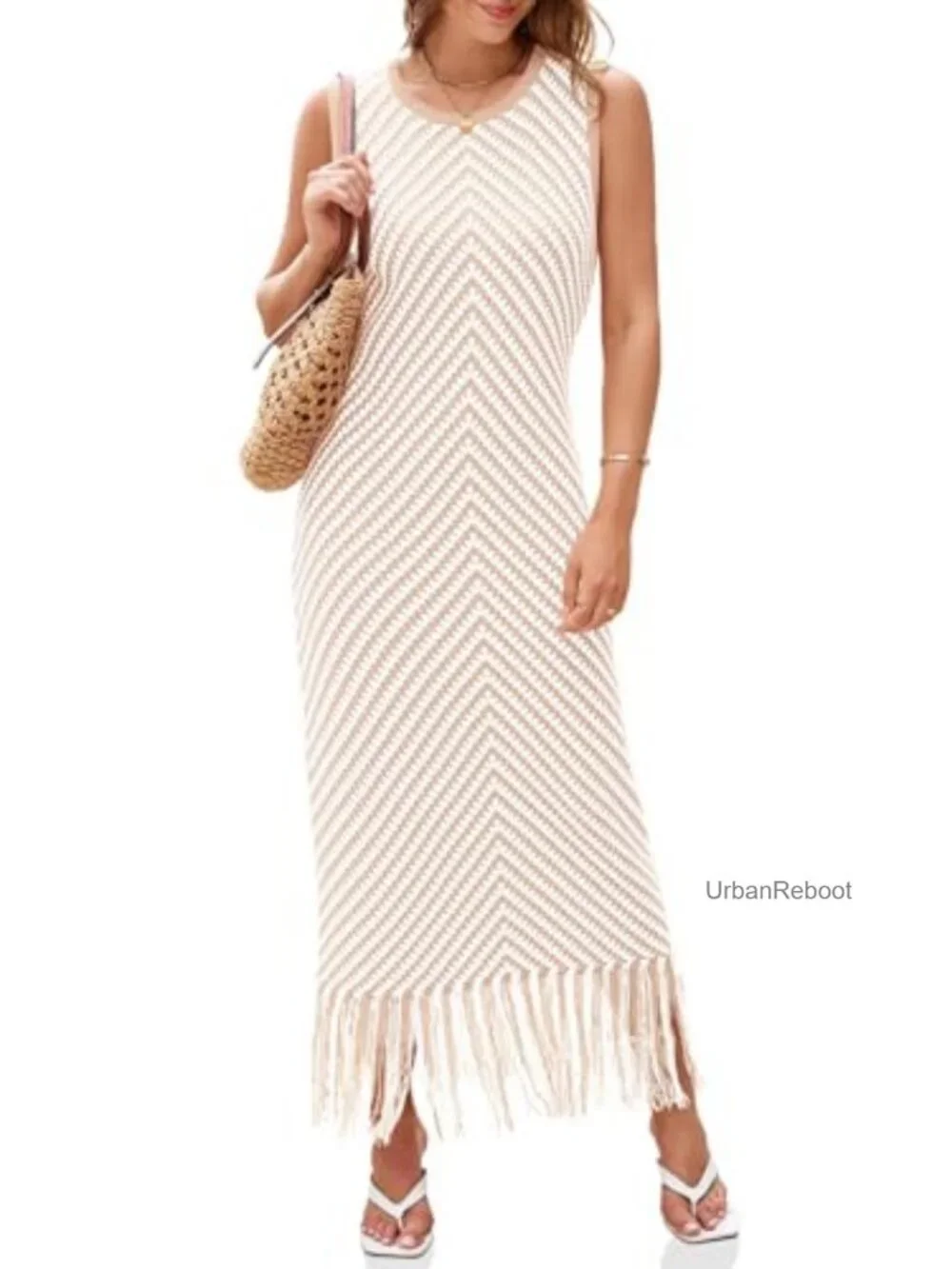 Women's Crochet Knit Fringe Striped Sleeveless Maxi Dress Bohemian Summer